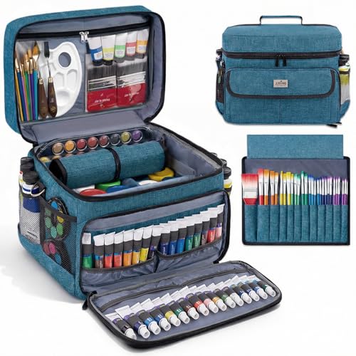 JJRING Versatile Acrylic Paint Organizer Bag With Adjustable Dividers For Multi-Size Bottles, Art Supply Storage Case Features 12-Slot Brush Holder & Clear Zipper Pocket, Travel Craft Tote(Green) - color: Green
