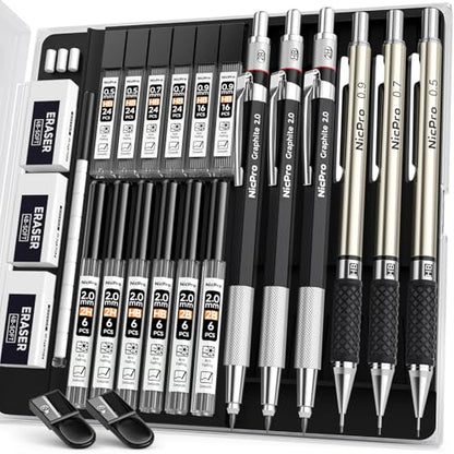 Nicpro 6PCS Art Mechanical Pencil Set, 3PCS Metal Drafting Pencil 0.5 mm & 0.7 mm & 0.9 mm & 3PCS 2mm Graphite Lead Holder (2B HB 2H) For Writing, Sketching Drawing With Lead Refills Case - color: Silver