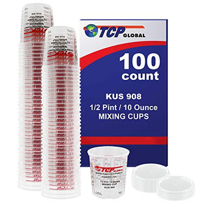 Custom Shop/TCP Global Full Case of 100 Cups with 50 Lids - 1/2 Pint (10oz) Paint Mixing Cups - Cups Have Calibrated Mixing Ratios on Side of Cup