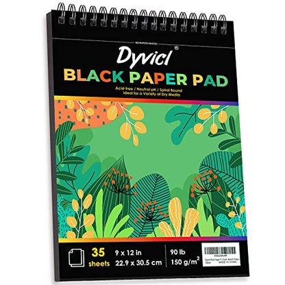 Dyvicl Black Paper Sketchbook 9"x12", 90 lb/150 GSM, 35 Sheets, Spiral Black Sketch Pad Drawing Paper for Pencil, Pastel, White Ink Gel Pen, Charcoal, Chalk, Metallic Marker, Paint Pen - size: 9 x 12 inches