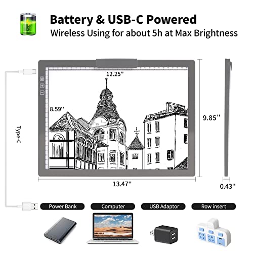 A4 Wireless LED Light Pad with Carry Bag, Innovative Stand and Top Clip, TOHETO Rechargeable Light Box Stepless Dimmable and 6 Levels Brightness Cordless Light Board for Tracing Weeding Vinyl (Grey)