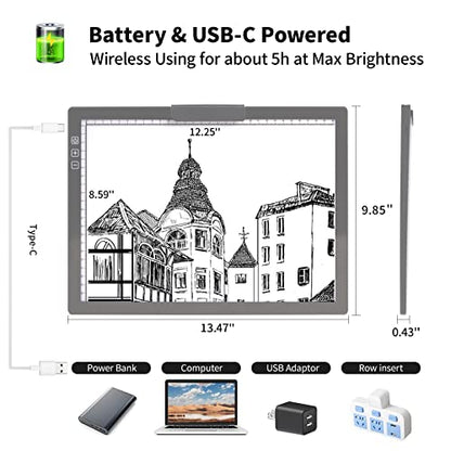 A4 Wireless LED Light Pad with Carry Bag, Innovative Stand and Top Clip, TOHETO Rechargeable Light Box Stepless Dimmable and 6 Levels Brightness Cordless Light Board for Tracing Weeding Vinyl (Grey)
