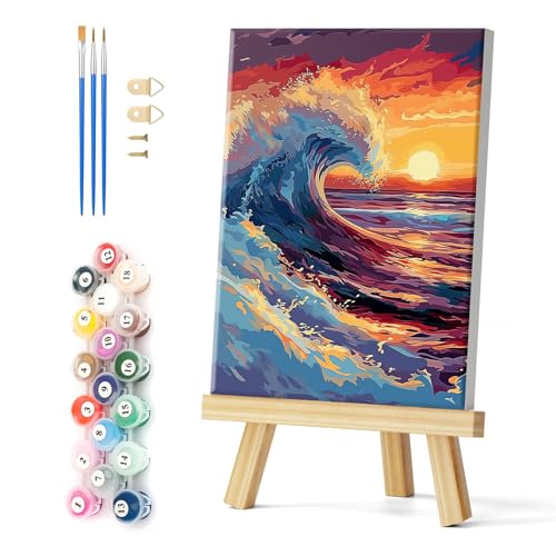 Natuyalo Framed Paint by Numbers on Canvas Sea Wave Acrylic Paint by Numbers Kits for Adults Beginner Sunset Seascape Pictures Painting Kits Ideal Gift Home Wall Decor 12x16 Inch - color: Color-04