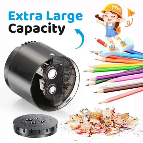 Heavy-Duty Electric Pencil Sharpener USB and Battery Power 4 Replacement Blades 4-Hole Adjustable for 6-12mm Art Pencils Large Capacity Automatic Pencil Sharpeners Black