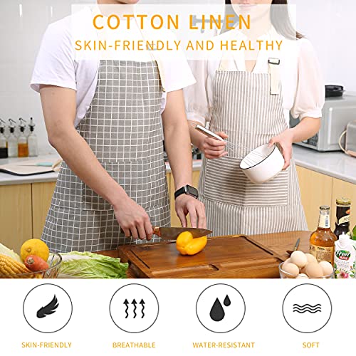Tosewever 2 Pieces Kitchen Cooking Aprons, Waterproof Linen Adjustable Bib Aprons with 2 Pockets for Women Men Chef (Grey Stripes/Plaids, 2) - color: Grey Stripes/Plaids