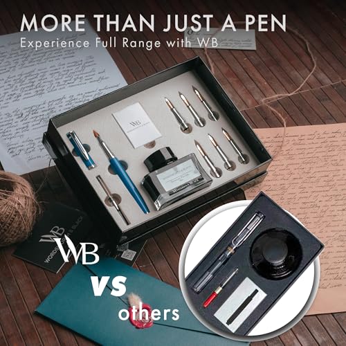 Wordsworth & Black Calligraphy Pen Gift Set, Includes Bottle, 6 Cartridges, Refill Converter, 6 Replacement Nibs, Premium Package, Journaling, Smooth Writing Pens [Blue Chrome] - color: Blue Chrome