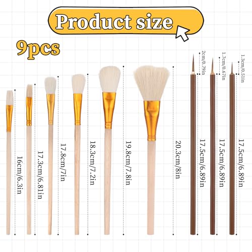 9 Pack Pottery Glaze Brushes Ceramic Brush Set, Glaze Brushes for Pottery, Watercolor Paintbrush for Acrylic Painting, Blending Mop Brushes for Oil Pottery Art Painting