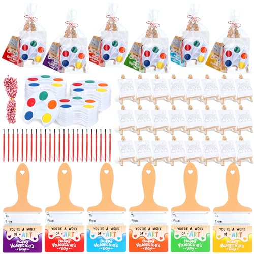 Skyygemm 24 Sets Valentines Day Gifts for Kids Valentines Cards Mini Painting Canvas Panel with Wooden Easel Watercolor Paints Brush Kit for School Classroom Exchange Gifts (Rainbow) - style: Rainbow