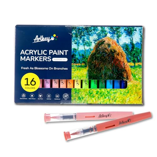 Artkey Acrylic Paint Markers Set 16 Colors Spring Palette, Direct-Liquid Acrylic Paint Pens with Flexible Brush Tip for Rock Painting, Wood, Canvas, Glass, Ceramic, Fabric, DIY Crafts - color: 16 Colors