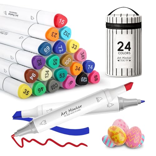 IONSGAKO 24 Colors Alcohol Markers Set,Dual Tip Coloring Markers for Adult | Markers Coloring Books No Bleeding, Art Markers for DIY Crafts Art Supplies Easter Gift Drawing Wood, Fabric, Canvas, Glass - color: 24 Colors