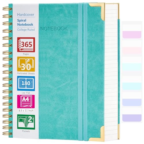 Spiral Notebook, 365 Page Hardcover College Ruled Notebook, 8.5" x 11", Large Leather Notebook Journal for Men Women, A4 Notebooks for Work School Notes, Journals for Writing, 24pcs Index Tabs, Teal - color: Teal, size: 8.5" x 11"