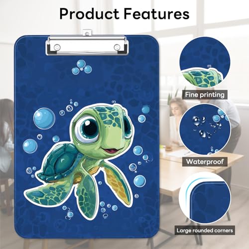 Plastic Cute Clipboard Low-Profile Metal Clip, A4 Letter Size 9 x 12.5 in, 8.5 x 11 Paper Clip Board for Teachers, Nurses, Classroom,Cute Turtle - color: Cute Turtle