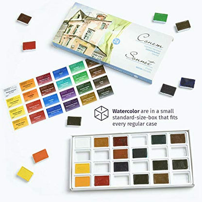 Sonnet Student Grade Watercolor Paint Set 24 Full Pans 2.5ml Vibrant Colors for Artists and Beginners in Cardboard Box by Nevskaya Palitra