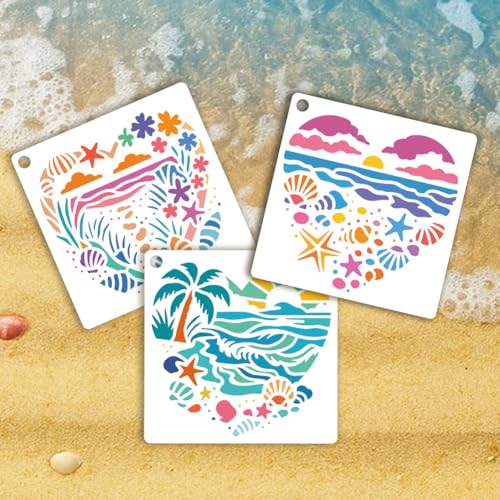 6 Sheets Love Beach Stencils for Painting, 6 Styles Palm Tree Shell Sunset Waves Wall Stencil Template Reusable Summer Coast Theme Stencils for Painting on Wall Wood Home Decor - style: Love Beach
