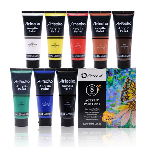 Artecho Professional Acrylic Paint Set, 8 Primary Colors (120ml / 4.05oz) Tubes, Art Craft Paints for Canvas, Rock, Stone, Wood, Fabric, Art Supplies - color: 8 Basic Colors, style: Regular