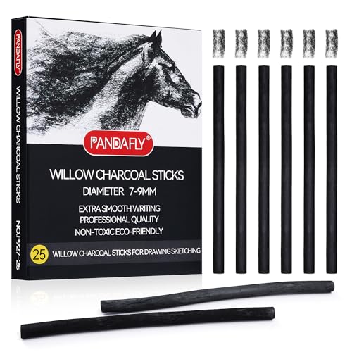 PANDAFLY Willow Charcoal Sticks, Soft, 7-9mm, 25 Pack, Black Artist Vine Charcoal, For Artists, Beginners, Students, Ideal for Sketching, Drawing, Shading, Fine Art - size: 7-9mm