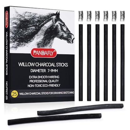 PANDAFLY Willow Charcoal Sticks, Soft, 7-9mm, 25 Pack, Black Artist Vine Charcoal, For Artists, Beginners, Students, Ideal for Sketching, Drawing, Shading, Fine Art - size: 7-9mm