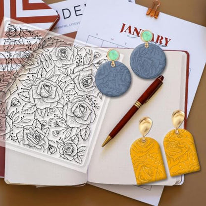 CHGCRAFT Polymer Clay Texture Sheets Rose Background Silicone Texture Stamp Sheets for Polymer Clay Texture Mat for Making Earrings Jewerly, Polymer Clay Earrings Tools, 5.5x5.5inch - style: Rose Background