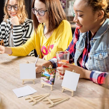 MotiMind 36 Pcs Mini Canvas and Easel Set for Painting, 4 x 4 Inch Canvas Panels with 6 Inch Wooden Easels for Oil Acrylic Painting Christmas Birthday Valentine's Mother's Day Art Crafts Party Favors - size: 4 x 4 Inch