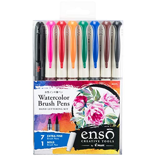 PILOT Enso Artful Writing & Coloring Collection Watercolor Brush Pen Set, 7 Extra Fine Tip Pens & 1 Bold Brush Pen, Assorted Colors (92075) - color: Assorted Colors, 8 Pens, style: Watercolor Brush Pens
