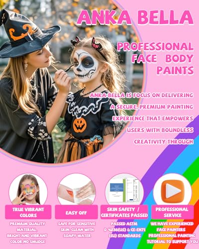 Anka Bella Professional Face Painting Kit for Kids,12X10gm Water Activated Rainbow Cake Face Paint with Stencil & Brushes,Hypoallergenic & Non-Toxic,Gift for Birthday Parties/Halloween/Carnival - color: Rainbow Valley set
