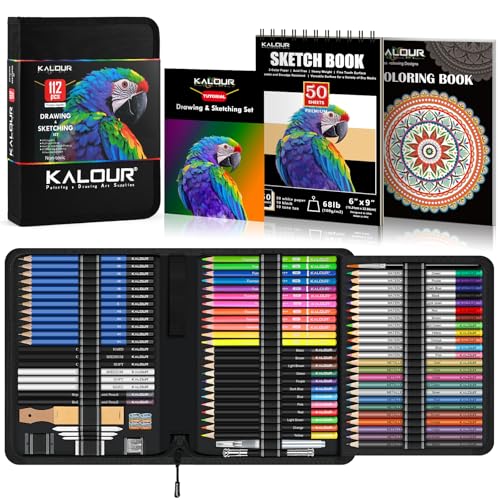 KALOUR PDAS 112 Drawing Set Sketching Kit, Pro Art Supplies with 3-Color Sketchbook & Coloring Book, Neon, Colored, Watercolor, Metallic, Graphite, Charcoal Pencils, Gift for Artists Adults Teens