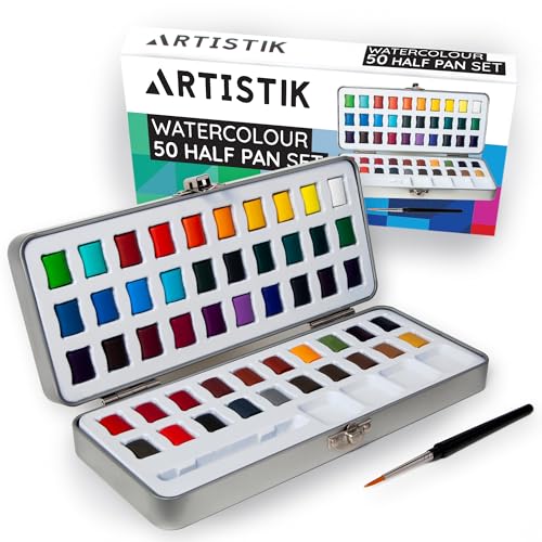 ARTISTIK Watercolor Paint Set with Brush – 50 Colors in Half Pan Palette & Portable Metal Tin – Premium Vivid Watercolor Set for Beginners, Students, and Artists - color: Watercolour Paint Set