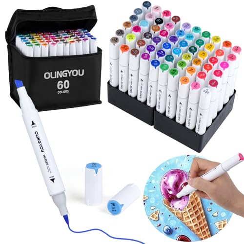 OLINGYOU 60 Colors Alcohol Markers with Base Dual Tip Drawing Markers for Comics Coloring Sketching Illustration, - color: 61PCS