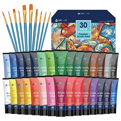 Acrylic Paint Set 30 Colors Craft Paints in Tubes with 10 Art Brushes Rich Pigment for Artists Beginners Painting on Canvas Wood Fabric Crafts, 36ml/Tube - size: 0.04 Fl Oz (Pack of 30)