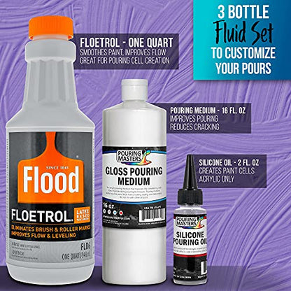 U.S. Art Supply - 1 Quart Floetrol Additive Pouring Supply Paint Medium Deluxe Kit for Mixing, Epoxy, Resin - Silicone Oil,1 and 10 Ounce Plastic Cups, Mini Painting Stands, Sticks, Pallete Knifes
