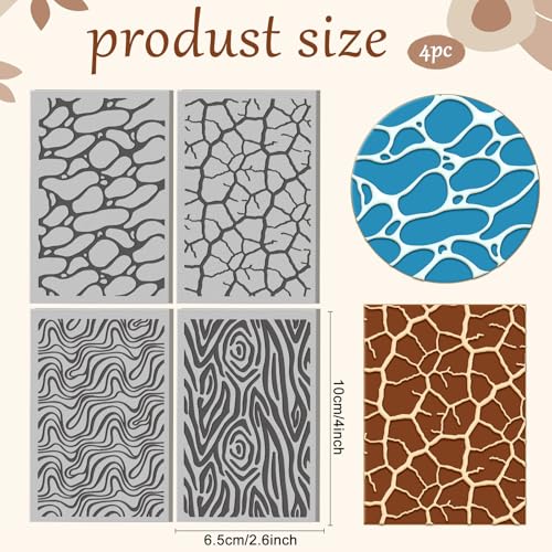4 Pcs Natural Textures Patterns Polymer Clay Texture Sheet Water Ripples Rubber Clay Texture Mat for Polymer Clays Making Earrings Jewelry DIY Crafts 4 × 2.5 Inch - style: Water Ripples
