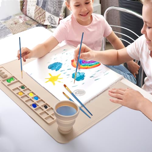 Silicone Painting Mat, 20"x 16" Silicone Art Mat with Cup, Kids Painting mat for Resin, DIY, Drawing Resin, Paint, Clay， Large Craft Art Mat (Beige) - color: Beige