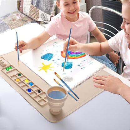 Silicone Painting Mat, 20"x 16" Silicone Art Mat with Cup, Kids Painting mat for Resin, DIY, Drawing Resin, Paint, Clay， Large Craft Art Mat (Beige) - color: Beige