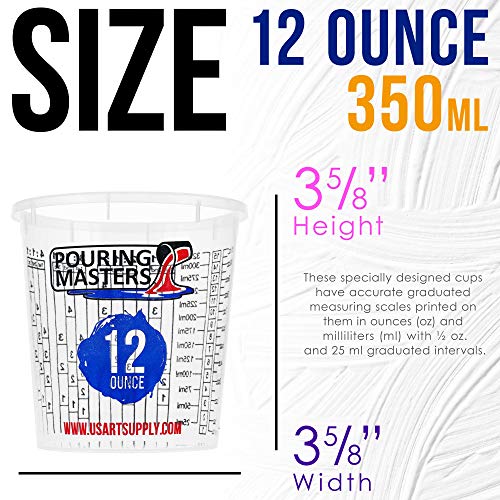 Pouring Masters 12 Ounce (350ml) Graduated Plastic Mixing Cups (Box of 20) - Paint Mixing Cups for Epoxy Resin, Art, Kitchen, Baking - Measurements in OZ and ML, 4 Different Measuring Ratios 1:1 - size: 12-Ounce - Cup