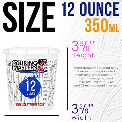 Pouring Masters 12 Ounce (350ml) Graduated Plastic Mixing Cups (Box of 20) - Paint Mixing Cups for Epoxy Resin, Art, Kitchen, Baking - Measurements in OZ and ML, 4 Different Measuring Ratios 1:1 - size: 12-Ounce - Cup