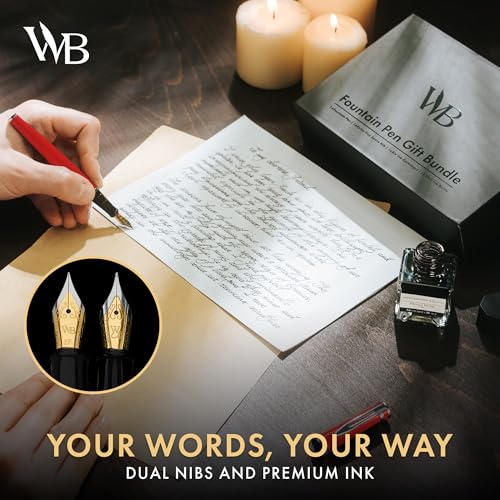 Wordsworth & Black Fountain Pen Set,18K Gilded Medium and Extra Fine Nib,25ML Black Ink Bottle,6 Ink Cartridges,Refill Converter, Gift Box, Smooth Writing Pens [Red Chrome],Gift Set for Men and Women - color: Red Chrome