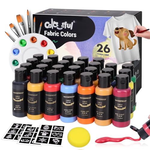 Colorful Permanent Fabric Paint, 26 Colors Soft Fabric Paint in Bottles (30ml/1oz) with Brushes, Palette,Non-Toxic Textile Paint for Creative DIY Clothes, T-Shirts, Shoes Art and Crafts - color: (1 Fl Oz)26 Colors
