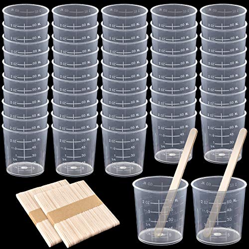 Coopay 50 Pack 60ml/2oz Plastic Graduated Cups Transparent Scale Clear Epoxy Mixing Cup with 100 Pack Wooden Stirring Sticks for Resin, Epoxy, Stain, Mixing Paint - size: 60ml