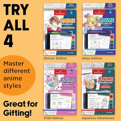 Faber-Castell Anime Drawing Kit: Shonen Edition | Step-by-Step Instruction Book with 20 Practice Pages, Color Pencil Set & Drawing Supplies for Kids, Summer Craft Supplies (1 Book) - style: Shonen Edition