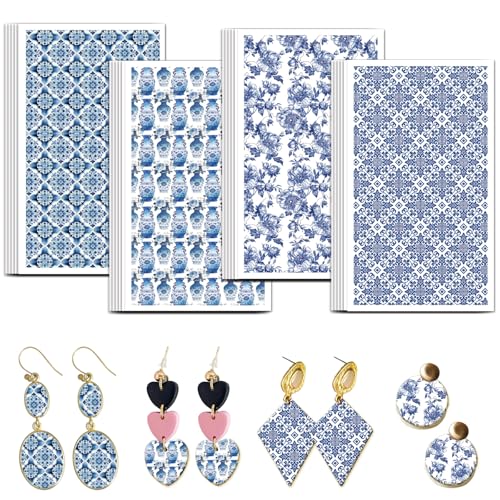 OLYCRAFT 24Pcs Oriental Floral Clay Transfer Paper 4 Design Blue Porcelain Clay Transfers Paper for Polymer Clays Earring Blue Flowers Transfer Sheets Small Ceramic Decal for Earring Jewelry Making - color: Oriental Floral