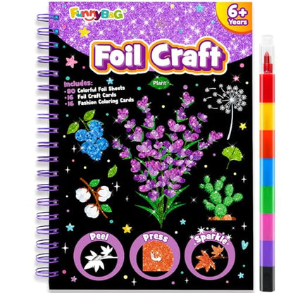 FUNNYB&G Foil Art Craft Kit for Girls 4-10 Years Old: Mess-Free & No-Glue, Create 16 Sparkly Plant Pictures – Perfect Travel Toy & Birthday Gift for Kids (Plant) - style: Plant