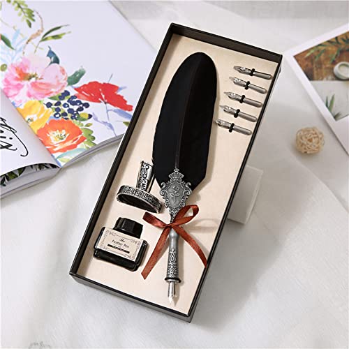 Surakey Writing Quill Pen Feather Pen Calligraphy Ink Dip Pen Set Luxury Vintage Signature Fountain Pen Gift Kit with Pen Stand Holder for Writing,Invitation Letters,Diary, Postcard (Black)