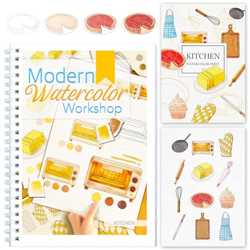 Watercolor Workbook with Step-by-Step - 12 Watercolor Coloring Pages - 100% Cotton 300gsm/140lb Watercolor Paper - Gift for Women, Adults, Beginners (Kitchen) - style: Kitchen