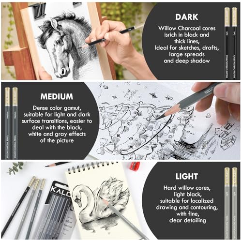 KALOUR PDAS Professional Willow Charcoal Pencil Set - 6 Premium Pencils (Light to Dark Shades) for Drawing, Sketching & Shading, Artist-Grade Tools for Beginners & Professionals