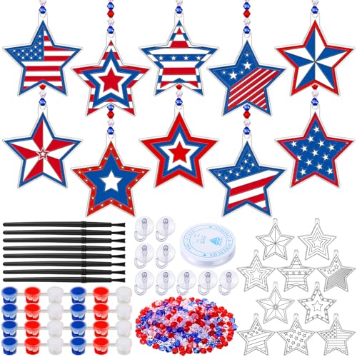 WinnerWhy 30 Sets Memorial Day Star Kits, Patriotic 4th of July DIY Craft Suncatcher Bulk Paint Your Own Window Ornaments for 250th Anniversary Independence Day Party Home Birthday Activity Decor - style: Star Independence Day
