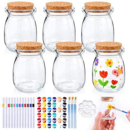 6 Set Paint Your Own Glass Jar Kit Included Clear Glass Pudding Jars with Markers Art DIY Set for Teen Adults Decor Craft Project Birthday Party Activities
