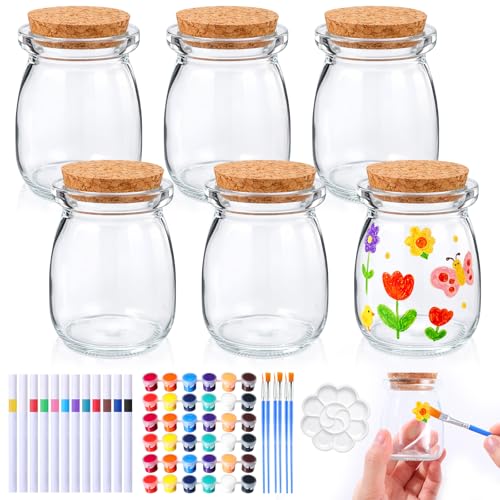 6 Set Paint Your Own Glass Jar Kit Included Clear Glass Pudding Jars with Markers Art DIY Set for Teen Adults Decor Craft Project Birthday Party Activities