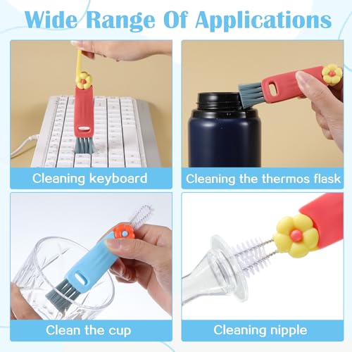 Hecila 3 in 1 Cup Lid Cleaning Brush Cup Lid Cleaning Brush 6PCS Multifunctional Bottle Cleaner Brushes 180° Rotatable Hangable Cups Crevice Cleaner Portable 3 Colors Home Kitchen Crevice Brushes