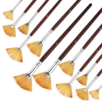 12 Pcs Fan Paint Brushes Artist Painting Brush Set Professional Nylon Hair Fan Brush Wood Handle Paint Brushes Soft Anti-Shedding Wood Short Handle for Acrylic Watercolor Oil Gouache