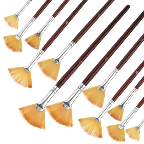 12 Pcs Fan Paint Brushes Artist Painting Brush Set Professional Nylon Hair Fan Brush Wood Handle Paint Brushes Soft Anti-Shedding Wood Short Handle for Acrylic Watercolor Oil Gouache